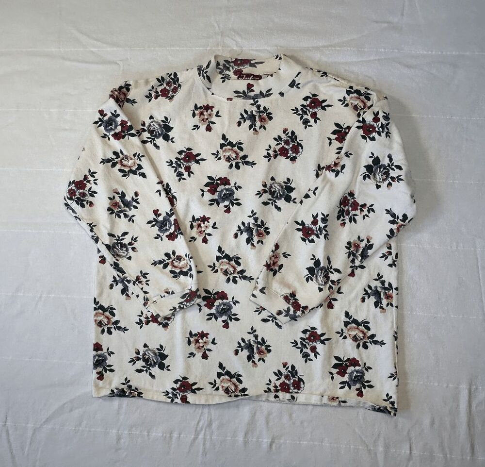 Vintage 100% Cotton Mock Neck Cream Colored Floral Print Long Sleeve Top Size M